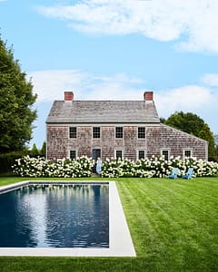 East Hampton shingle-style saltbox festooned with hydrangeas.